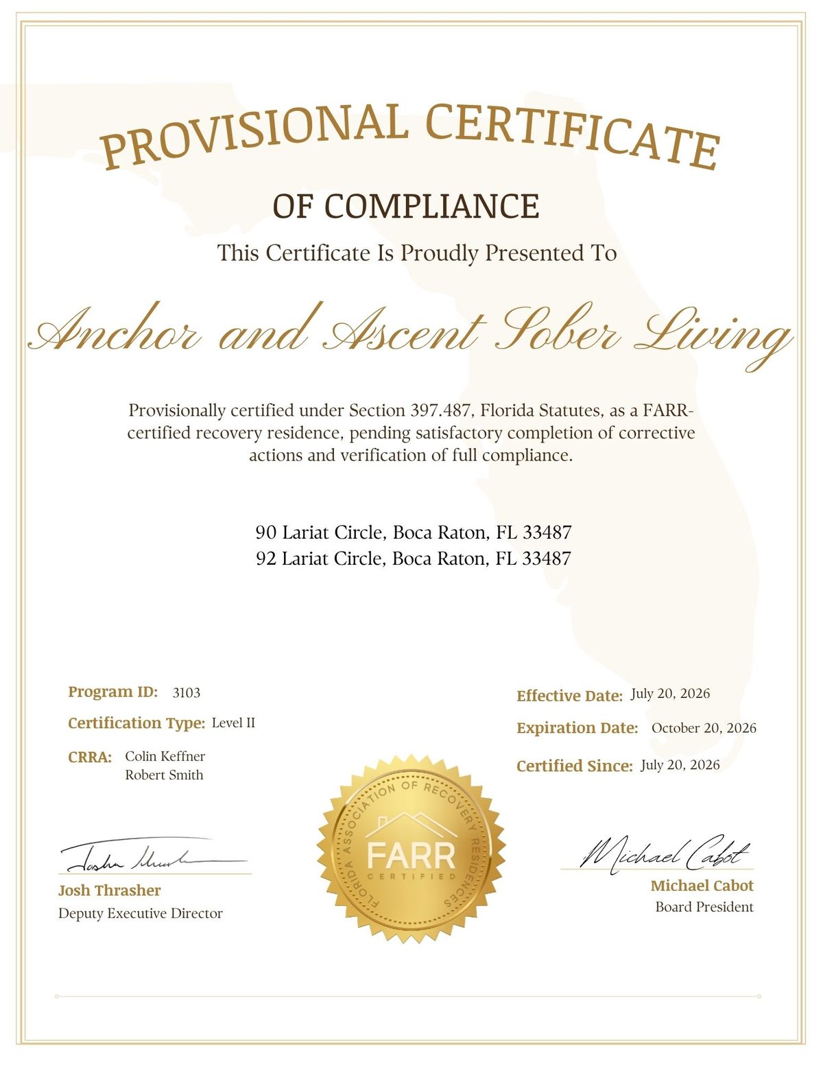 FARR Certificate of Compliance for Anchor and Ascent Sober Living, Level II recovery residence, Program ID 3103